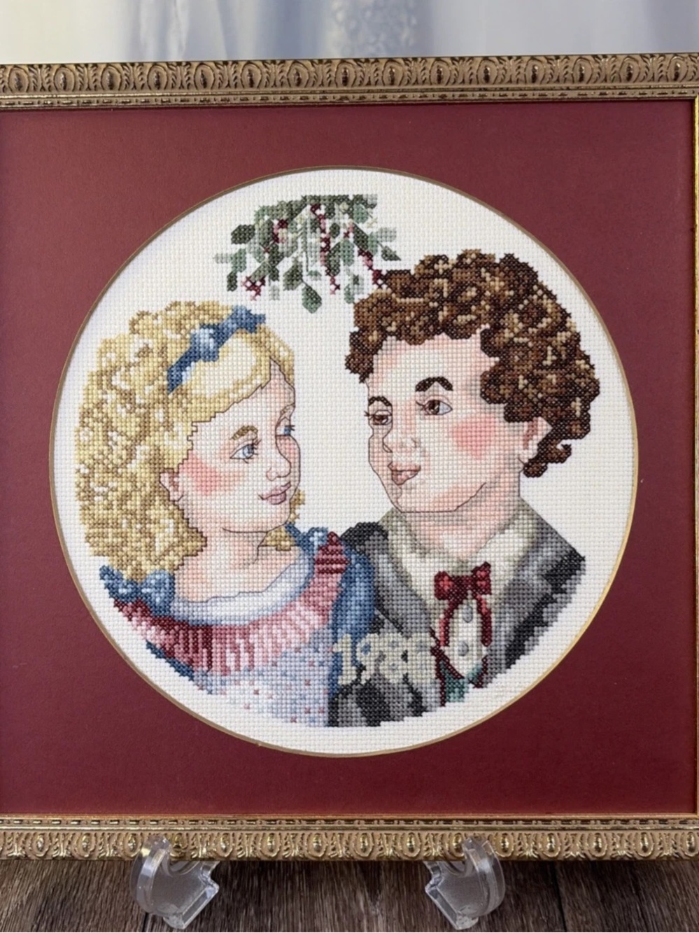 Under The Mistletoe Cross Stitch Finished Framed Complete Picture Wall 12” x 12”